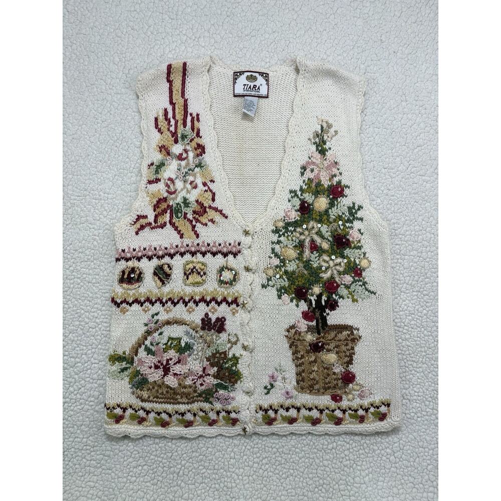 Tiara International Cardigan Sweater Vest Christmas Tree Wreath Ornament Women L
